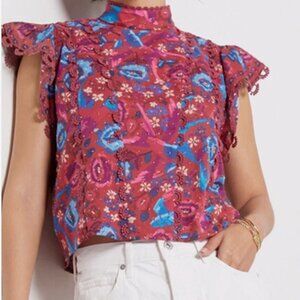 Farm Rio Floral Birds Blush Sleeveless Mock Neck Top | Size Medium